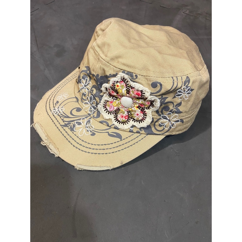 y2k gorpcore mcbling Military Cadet Cap Floral Embroidery Distressed Tan boho